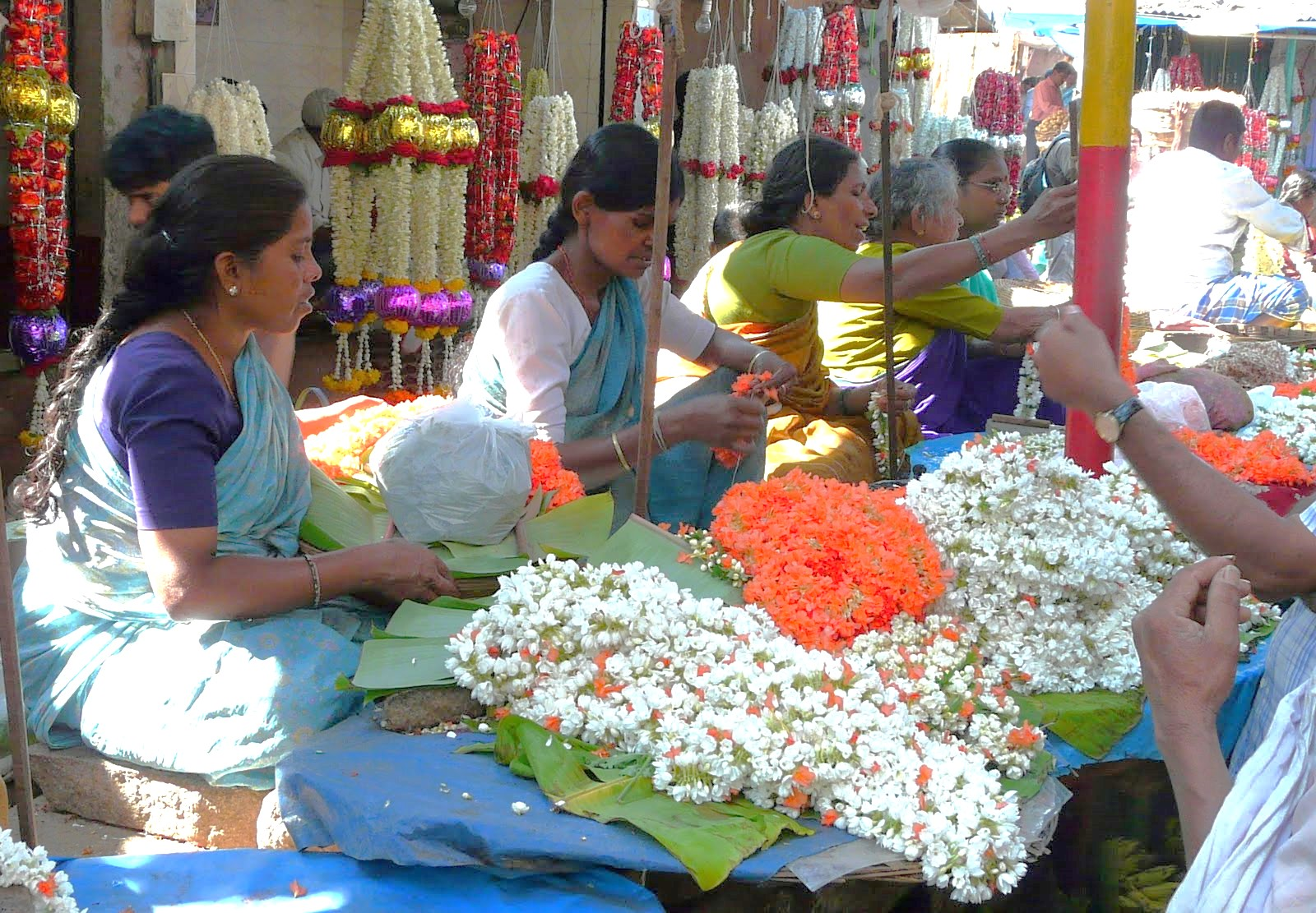 Vibrant scenes of Tamil Nadu markets with flower vendors, silk sarees, and spice stalls